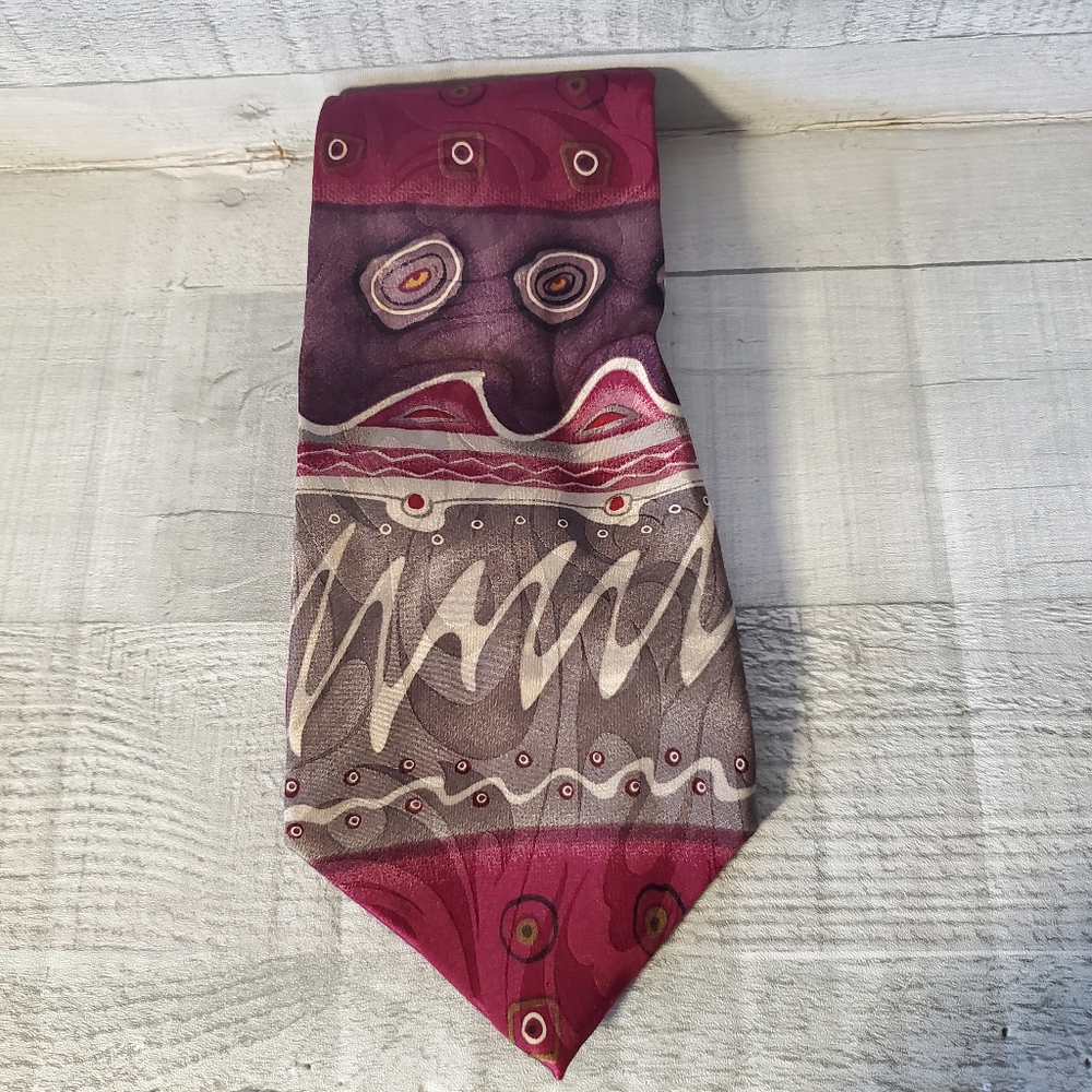Monsieur Givenchy Maroon and Gray Art Deco Waves Design Silk Necktie